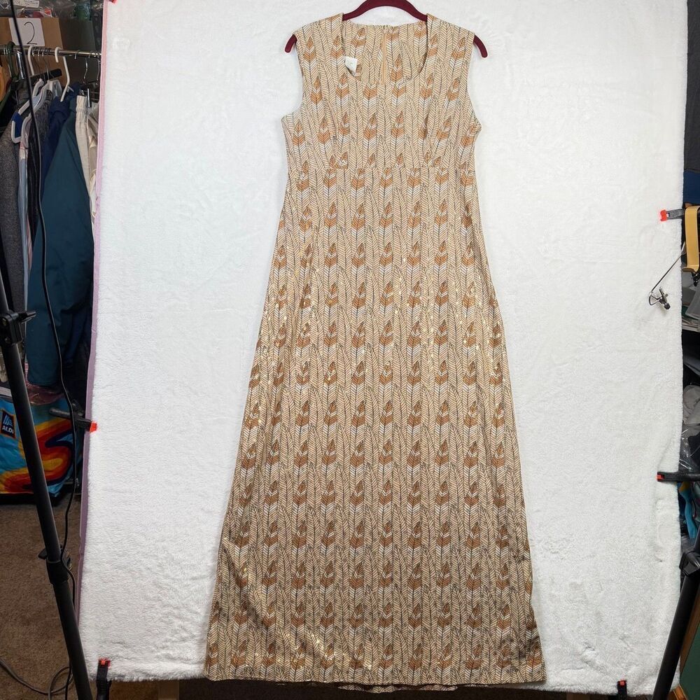 Vintage L'Aiglon Original Maxi Dress 14 Metallic Lurex Leaf Print Tan Boho 70s